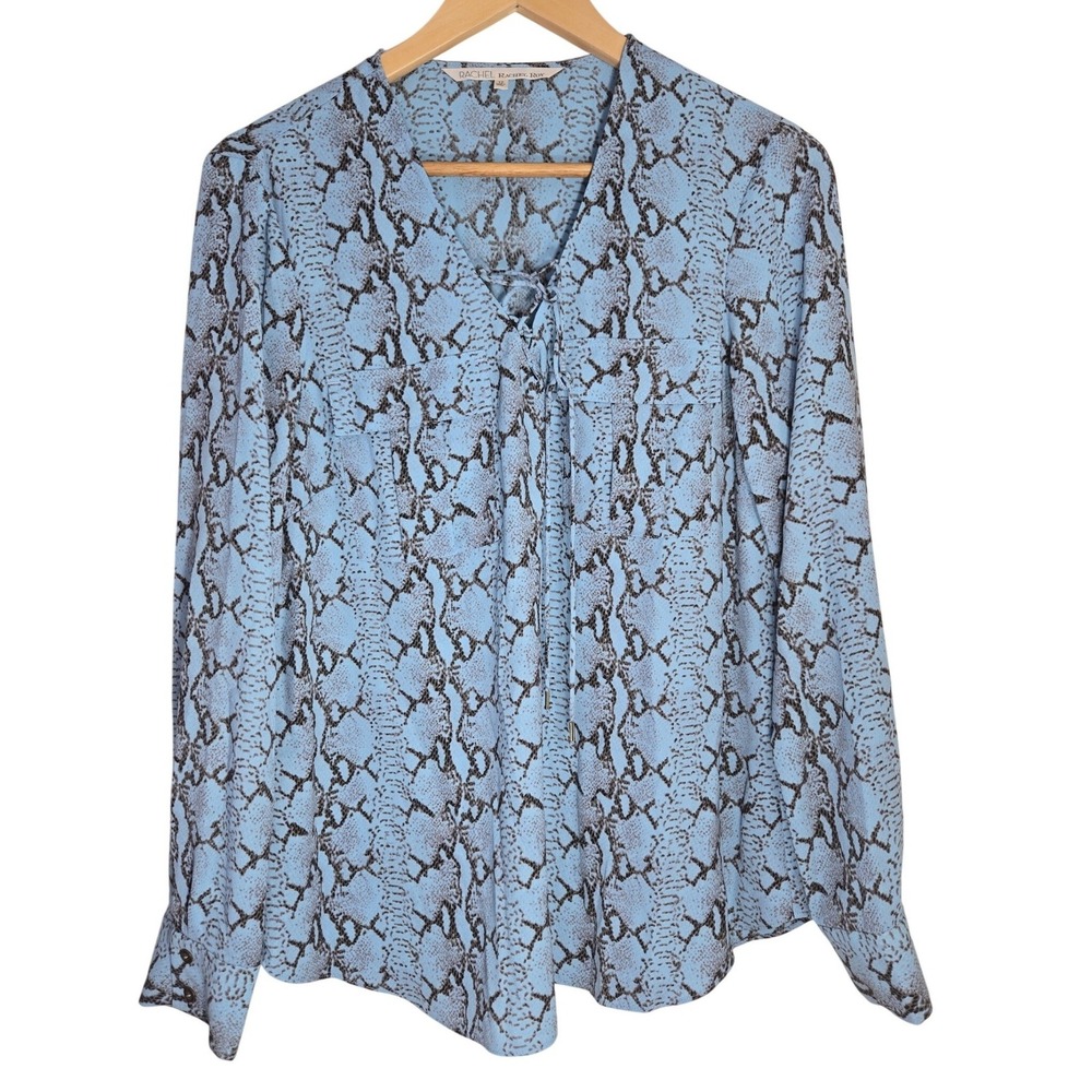 Rachel Rachel Roy Blue Snakeskin Print V-Neck Tie Blouse Womens Size 12 Casual‎